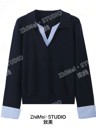 设计感假两件撞色拼接条纹针织衫女早秋新款小众显瘦V领长袖上衣#假两件针织衫 #针织衫 #长袖t恤 #拼接条纹 #早秋穿搭