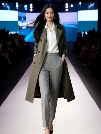 #设计感风衣 秋季长款时尚风衣设计感西装领双排扣收腰大衣