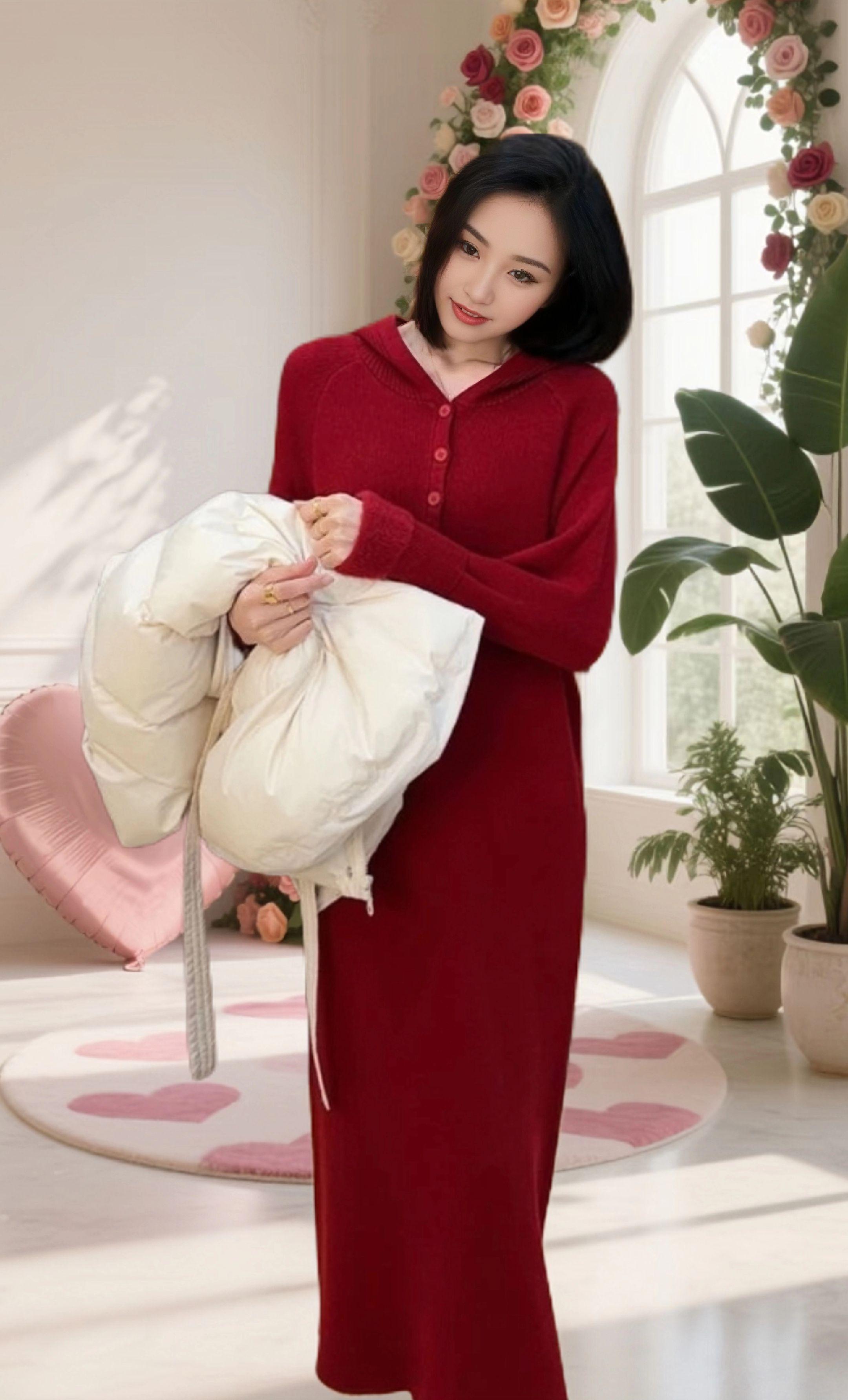 连帽加绒加厚打底针织连衣裙新款女秋冬款宽松洋气内搭毛衣长裙子 #优雅气质 #美搭尽显女神范 #春秋穿搭 #高级感穿搭 #轻奢女装