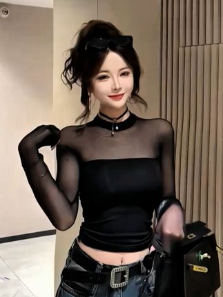 艺等2025早秋新款性感辣妹风网纱长袖内搭修身显瘦洋气百搭上衣女#辣妹穿搭 #优雅气质 #高级感穿搭 #这也太好看了
