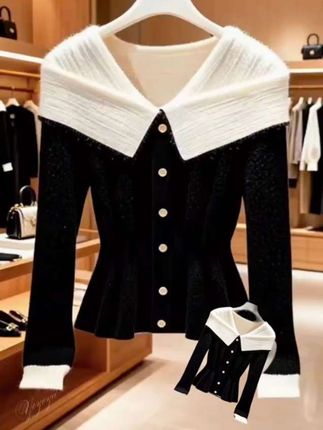 黑白小香风翻领针织衫女2025年春秋季新款慵懒设计感宽松长袖上衣#针织衫#时尚洋气百搭#休闲减龄穿搭 @抖音小助手