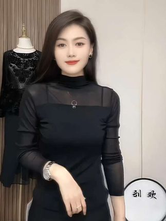 网红时尚半高领黑色网纱长袖打底衫洋气修身显瘦女士长袖打底衫#秋季新款#气质穿搭 #时尚洋气百搭小衫 #打底衫#张予曦毕雯珺真拍了红裙抱