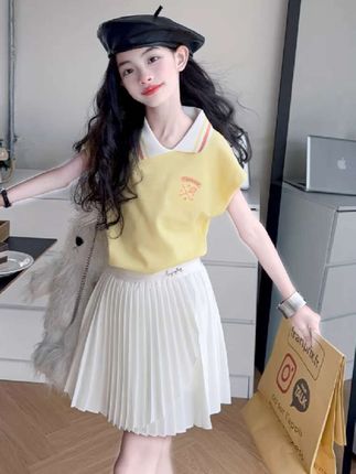 女童夏季时尚休闲短袖百褶半身裙两件套 #女童套装#半身裙#短袖T恤#两件套#运动套装