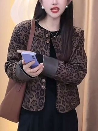 豹纹短款拼接撞色小香风外套女春秋新款美拉德高级感上衣夹克 #外套#秋季上新#时尚穿搭 #显瘦显高显腿长 #气质百搭