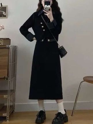 2025秋新款大码女装法式假两件小香风外套高腰半身裙两件套女#假两件外套 #小香风外套 #半身裙 #高腰半身裙 #套装两件套