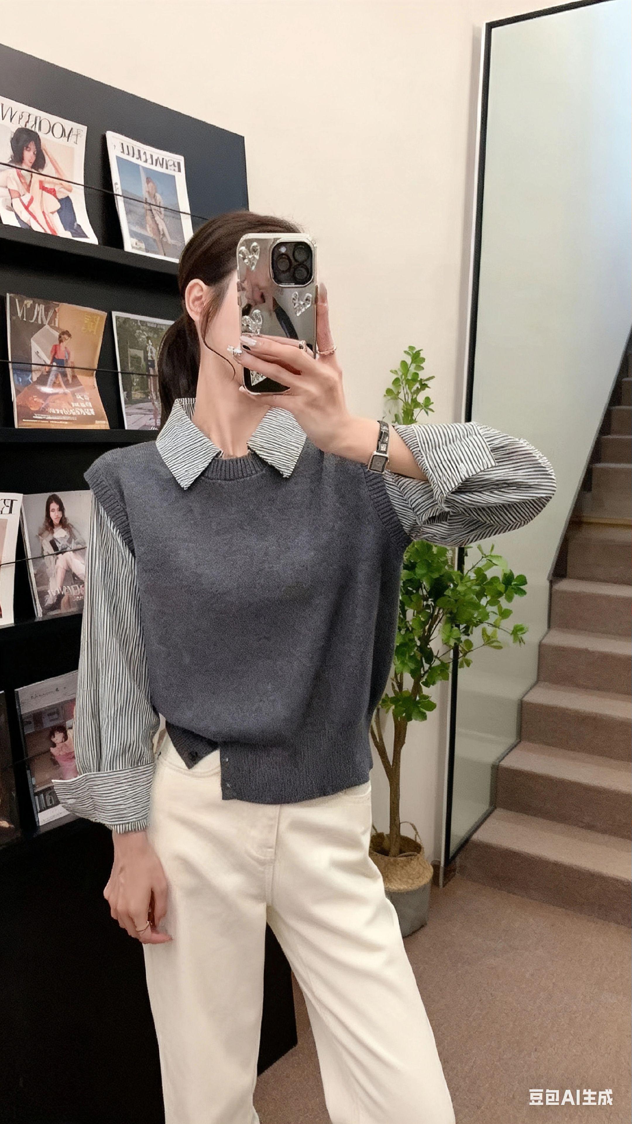 2025针织拼接假两件毛衣秋冬慵懒高级感针织衫上衣 #女装 #针织衫 #假两件毛衣