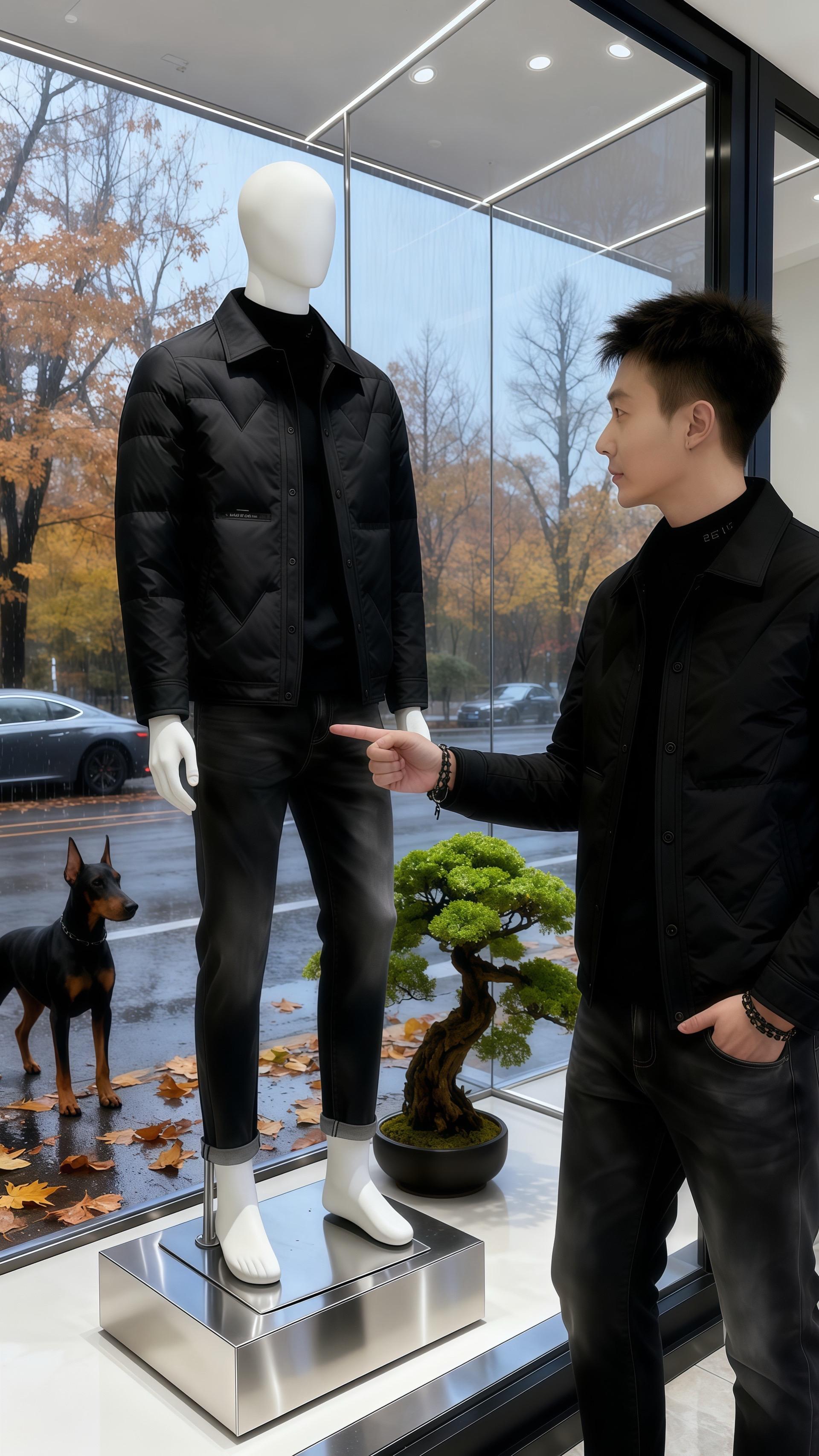 《雨幕里的黑夹克》  秋雨把梧桐叶泡得发沉,黄褐碎片贴在橱窗玻璃上,像晕开的墨。陈叙指尖抚过模特肩头的黑夹克,菱形绗缝里裹着轻暖的绒,针脚密得像他刚调的咖啡奶泡。  玻璃外传来爪子挠地的轻响——是老顾的杜宾,耳朵支棱着,黑亮的鼻尖贴在玻璃上,眼尾沾了点雨星。陈叙弯唇,这狗总跟着主人来取定制款,今天许是老顾在隔壁谈事,把它暂寄在雨里。  他指尖点了点夹克胸口的暗标,那是老顾指定加的细节,像藏在黑夜里的星。盆景的松针垂着露,衬得夹克的哑光面料更显沉敛。  雨丝斜斜裹住街景时,杜宾忽然直起身,尾巴轻晃——陈叙抬眼,看见老顾撑着伞的身影穿过雨幕,黑夹克的轮廓在门帘晃开时,和模特身上的那件,叠成了同一种妥帖。 #秋冬穿搭  #今天穿什么 #男士必备 #男士外套 #男神