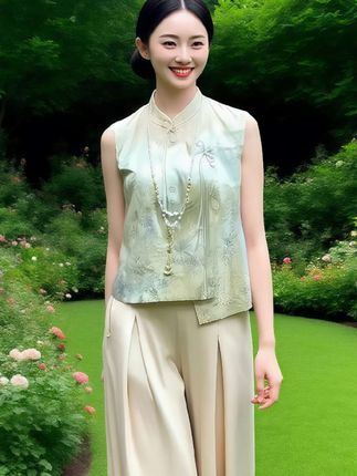 沉浸式感受中式美学✨ 旗袍元素上衣+垂感阔腿裤,走在公园里,连风都带着江南诗意~#早秋高智感职场穿搭#全抖音都在仿热巴琥珀系造型#梨形身材穿搭大赏#跟着张柏芝解锁秋冬穿搭好物 #如果上班都穿流光高智风