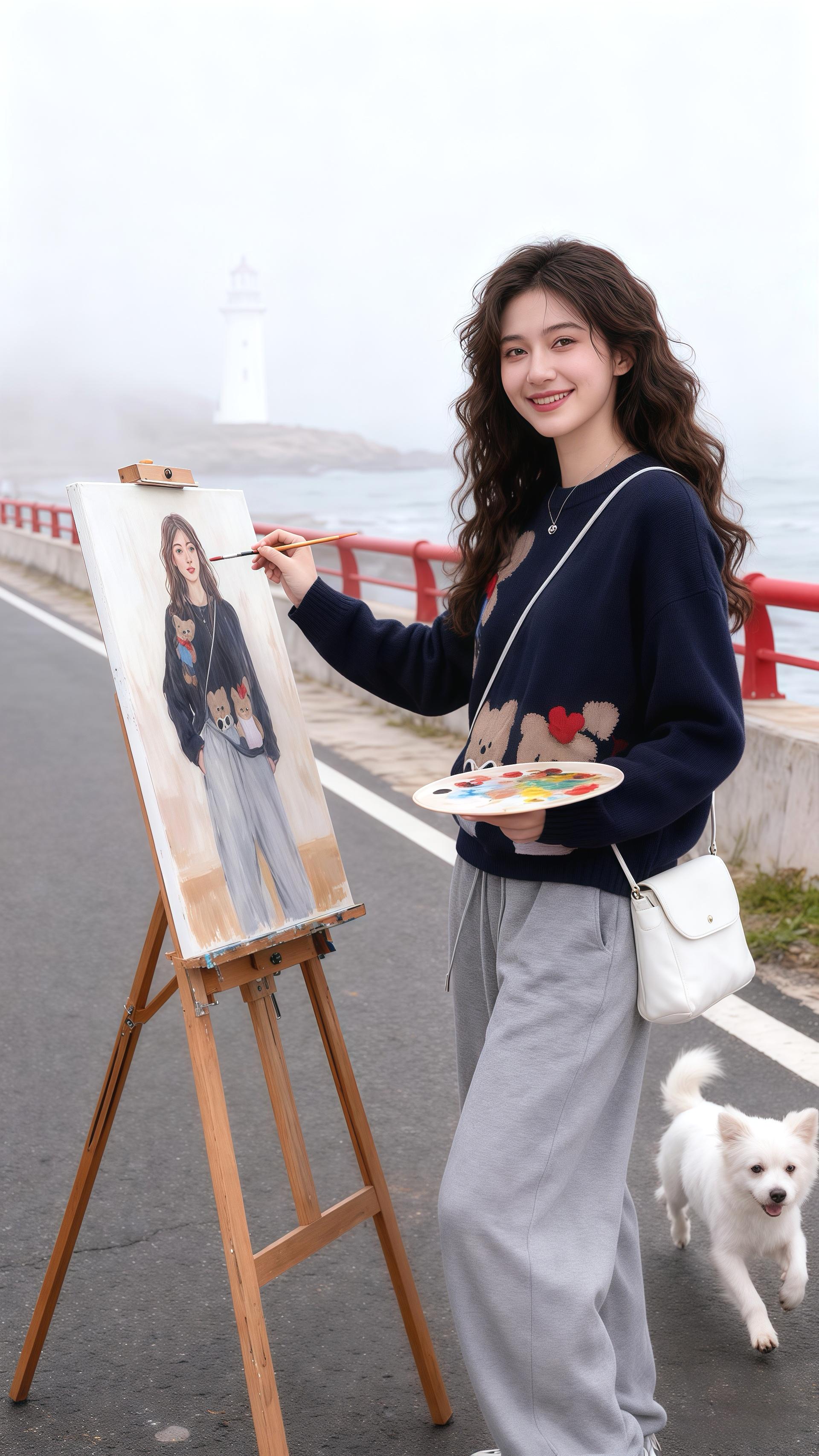 《雾中灯塔与画笔》 雾气氤氲了海面,白色灯塔在朦胧中如梦境的标点。林微握着画笔,在画板上复刻自己的模样,身旁的小白狗欢快地摇着尾巴。 她喜欢这样的时刻,海风裹挟着潮气,扑在脸上,画笔在画布上沙沙作响,像是与世界的温柔对话。那些小熊图案的毛衣,白色的小包,都是她热爱生活的注脚。在这片雾色里,她画着自己,也画着对自由与艺术的憧憬,每一笔都是心的轨迹,在灯塔的守望中,晕染成独属于她的故事。#减龄气质 #穿搭分享 #时髦穿搭 #高级穿搭 #毛衣控