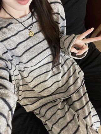 韩版少女简约德绒条纹撞色睡衣女秋冬季新款套装居家服爆款可外穿#睡衣家居服套装#睡衣家居服#家居服#睡衣套装#睡衣