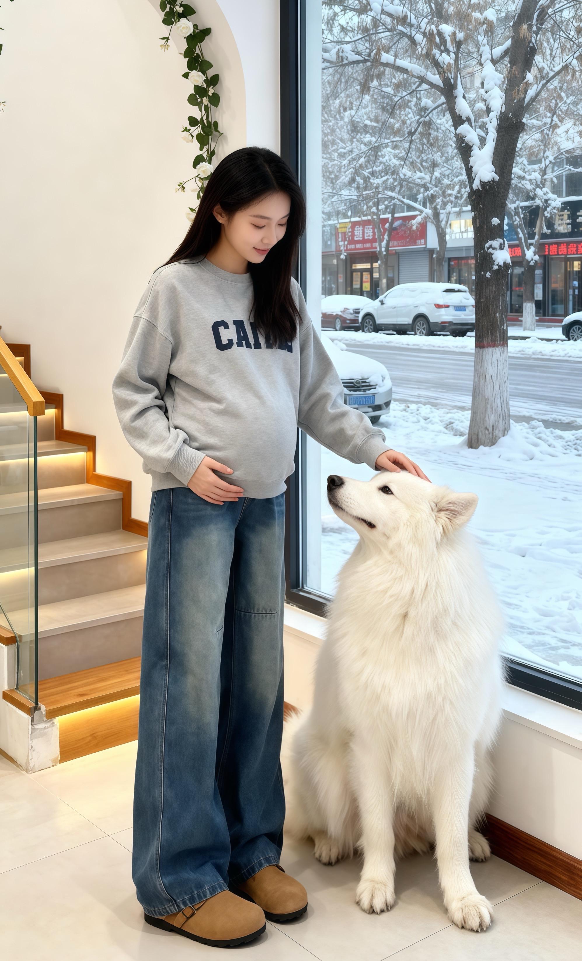 #最美孕妇 《雪绒暖巢》 窗外雪幕如纱,将街道晕染成童话世界。苏清低头抚着隆起的小腹,指尖温柔地划过萨摩耶“雪球”的绒毛。这只雪白的大狗仰头望着她,琥珀色的眼眸里满是依赖。 曾经的她是在写字楼里冲锋陷阵的女强人,如今卸下战甲,在这飘雪的冬日,守着一方暖居,等着出差的丈夫归来,也等着腹中生命的降临。雪球蹭了蹭她的裤腿,她莞尔一笑,岁月静好大抵就是这般模样——有爱人的牵挂,有萌宠的陪伴,还有一个即将到来的小生命,把冰冷的寒冬焐得暖融融的。#秋冬穿搭 #孕妇裤子 #孕妇秋冬裤子 #孕妇牛仔裤