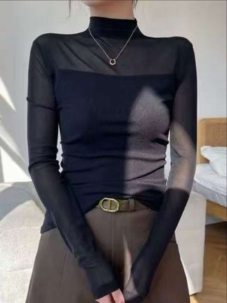 【80-170斤可穿】大码拼接蕾丝半高领网纱长袖打底衫女早秋内搭#半高领打底衫#蕾丝打底衫 #长袖打底#早秋内搭#内搭外穿都好看