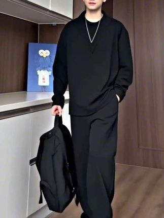 春秋季新款长袖V领假两件POLO衬衫长裤套装男休闲风痞帅垂感纯色老钱风#时尚穿搭 #男士长袖衬衫#@DOU+小助手