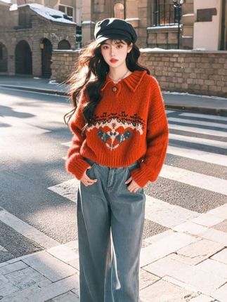 高级感复古费尔岛红色翻领卡通毛衣女2025秋季针织衫上衣宽松外套#秋季穿搭 #针织衫穿搭 #气质穿搭谁穿谁洋气