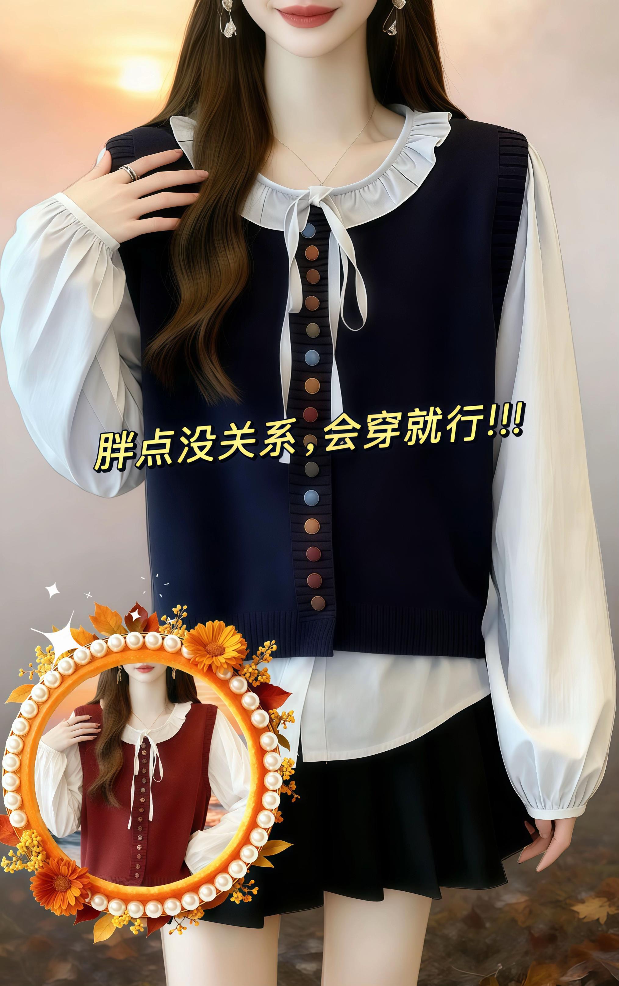 秋日叠穿的小心机!假两件针织马甲+荷叶领衬衫的组合,复古又显瘦,蓝色、红色、卡其多色可选,微胖女孩也能穿出层次感满满的精致感~#显瘦穿搭 #减龄气质 #通勤搭配 #面料柔软舒适 #谁穿谁好看系列 @DOU+上热门