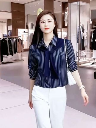 #早秋条纹衬衣女秋2025春秋季新款气质显瘦小个子百搭竖条衬衫上衣#时尚气质穿搭#高级感穿搭#