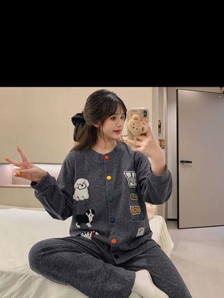 秋冬款慵懒风长袖睡衣卡通可爱开衫长裤女羊绒外穿保暖家居服套装#长袖睡衣#睡衣女 #睡衣家居服