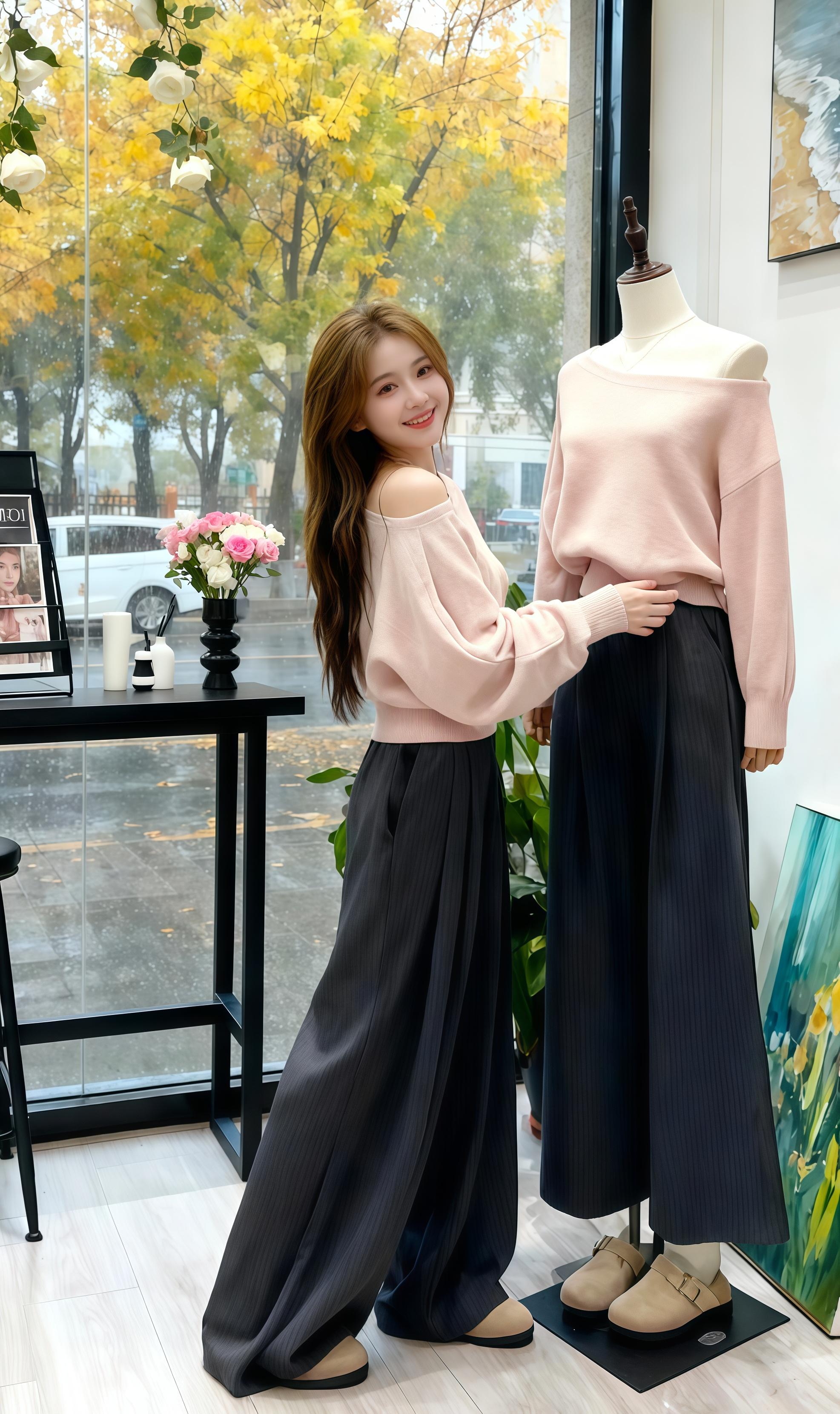 《林珊的秋日穿搭日记》   林珊的指尖抚过模特身上同款粉色露肩毛衣,秋日的风卷着黄叶掠过橱窗,她笑眼弯弯。这件毛衣像揉碎的晚霞,露肩设计透着小性感,搭配垂坠感十足的深灰阔腿裤,慵懒又显高。踩上米色小皮鞋,她在镜前转了个圈,毛衣的柔软与阔腿裤的飒爽交织,恰如她此刻的心情——在这个诗意的秋日,要做穿搭里的主角,把温柔与洒脱穿在身上,奔赴一场属于自己的时尚盛宴。#女生早秋气质穿搭推荐 #女生穿搭技巧 #ootd穿搭 #秋季日常实用穿搭思路分享 @抖音小助手 @上热门🔥🔥🔥 @兜里有米✨