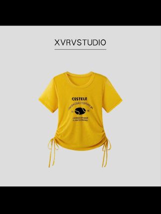 XVRV【夏上新】抽绳款网纱运动短袖健身跳操户外百搭显瘦T恤上衣#百搭T恤#运动T恤 #网纱T恤 #面料舒适透气 #谁穿谁好看