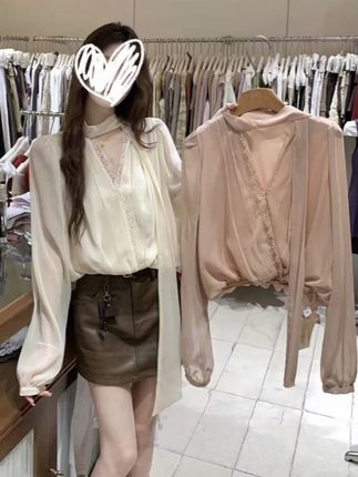 蕾丝拼接设计飘带V领上衣女秋贵气感轻奢名媛宽松长袖衬衫#高级感穿搭 #穿出高级感 #简约搭配 #温柔穿搭 #显白穿搭