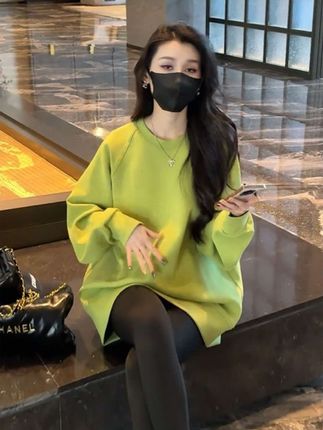 韩版圆领长袖中长款卫衣女春季新款时尚洋气百搭宽松显瘦上衣外套#面料柔软舒适#时尚百搭#谁穿谁好看#简约休闲#气质