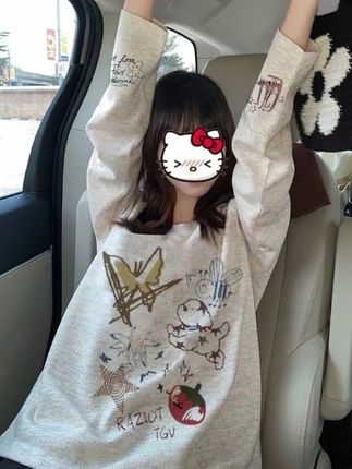 圆领打底衫彩纱长袖恤女宽松秋冬通勤显瘦印花上衣潮#宽松#显瘦#修身#条纹#印花