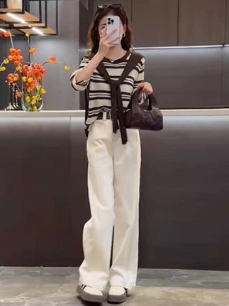 早秋穿搭高级感套装2025新款撞色条纹披肩针织衫休闲牛仔裤两件套#好物推荐🔥