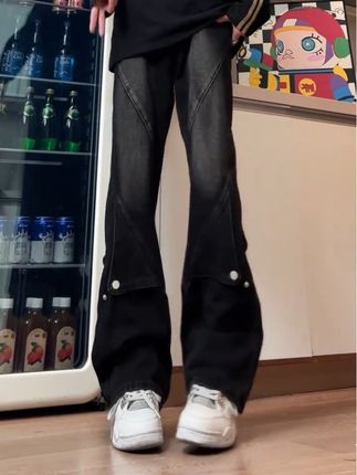 美式解构排扣牛仔裤拼接工装潮男高级感百搭裤子直筒修身微喇叭裤#牛仔裤 #微喇叭牛仔裤 #修身显瘦 #男生穿搭 #ootd穿搭