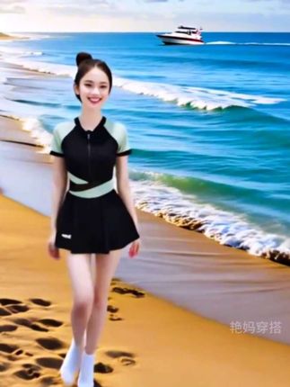新款连体游泳衣 运动风泳衣,黑绿拼接超吸睛,海边美出新高度🏖️