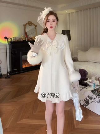 韩韩IU【富贵千娇】100高支澳毛可拆卸狐毛袖口海军领中长款风衣