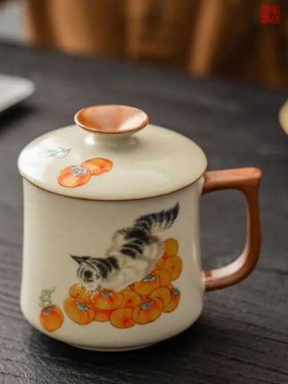 柿子猫办公杯汝窑陶瓷马克杯带盖过滤茶杯个人专用高档茶水分离杯 #无限回购的宝藏单品 #办公杯 #茶水分离杯 #泡茶杯 #马克杯