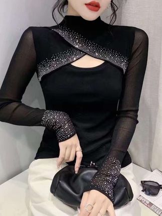 新款时尚气质显瘦烫钻洋气网纱T恤女长袖性感镂空上衣半高领小衫#小衫 #t恤 #半高领打底衫 #气质上衣 #显瘦穿搭