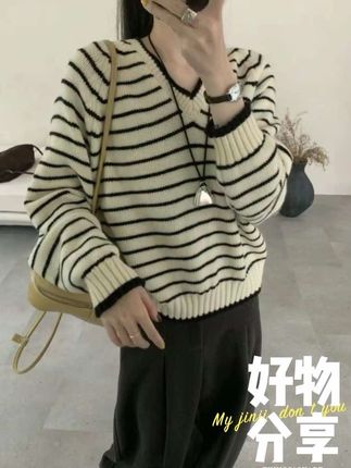 秋季新款套头条纹V领毛衣女宽松慵懒针织衫上衣#温柔穿搭#气质穿搭#秋季穿搭#显瘦穿搭#针织衫