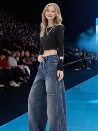 #美式复古蓝色弯刀设计感牛仔裤女秋季2025新款镰刀宽松拖地阔腿裤#洋气减龄还百搭