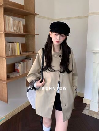 春秋撞色风衣外套廓形显瘦宽松英伦风大衣#今日穿搭 #高级感穿搭 #美式甜心妆教 #甜美穿搭 #风衣穿搭