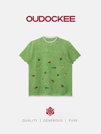 OUDOCKEE 鸥鸥【桑蚕丝】动物园 绿色短袖针织衫设计 H2502Y395T#跟电子闺蜜晒红人秋日穿搭#短袖t恤#百搭上衣#显白颜色#好物推荐🔥