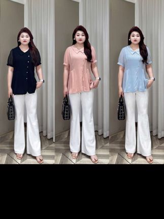 上衣【悦林大码】PMM81852夏季气质女人遮肉显瘦百搭收腰短袖衬衫