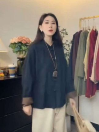 亚麻双层盘扣中式短款外套,优雅精致#亚麻外套 #国风服饰 #复古穿搭 #优雅气质#秋季穿搭
