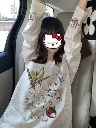 【ZHAP】圆领打底衫250克彩纱长袖t恤女宽松秋冬通勤显瘦印花上衣潮#女装 #今日穿搭 #宽松t恤 #慵懒风穿搭 #显瘦搭配