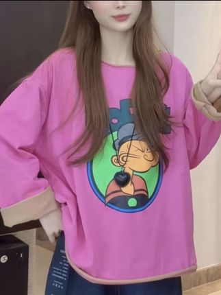 设计感动画人物印花圆领长袖T恤女2025早秋新款百搭休闲显瘦上衣#百搭上衣 #显瘦穿搭 #秋冬穿搭 #长袖t恤