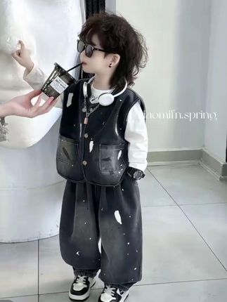 男童春装牛仔套装2025新款中小童春秋季男孩儿童痞帅马甲三件套潮#男童穿搭 #春秋穿搭 #潮童穿搭 #男童套装