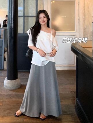2025高腰灰色半身裙长款女夏季垂感宽松百搭显瘦果冻空气层伞裙#优雅气质 #高级感穿搭 #高腰灰色半身裙 #宽松百搭#空气层伞裙