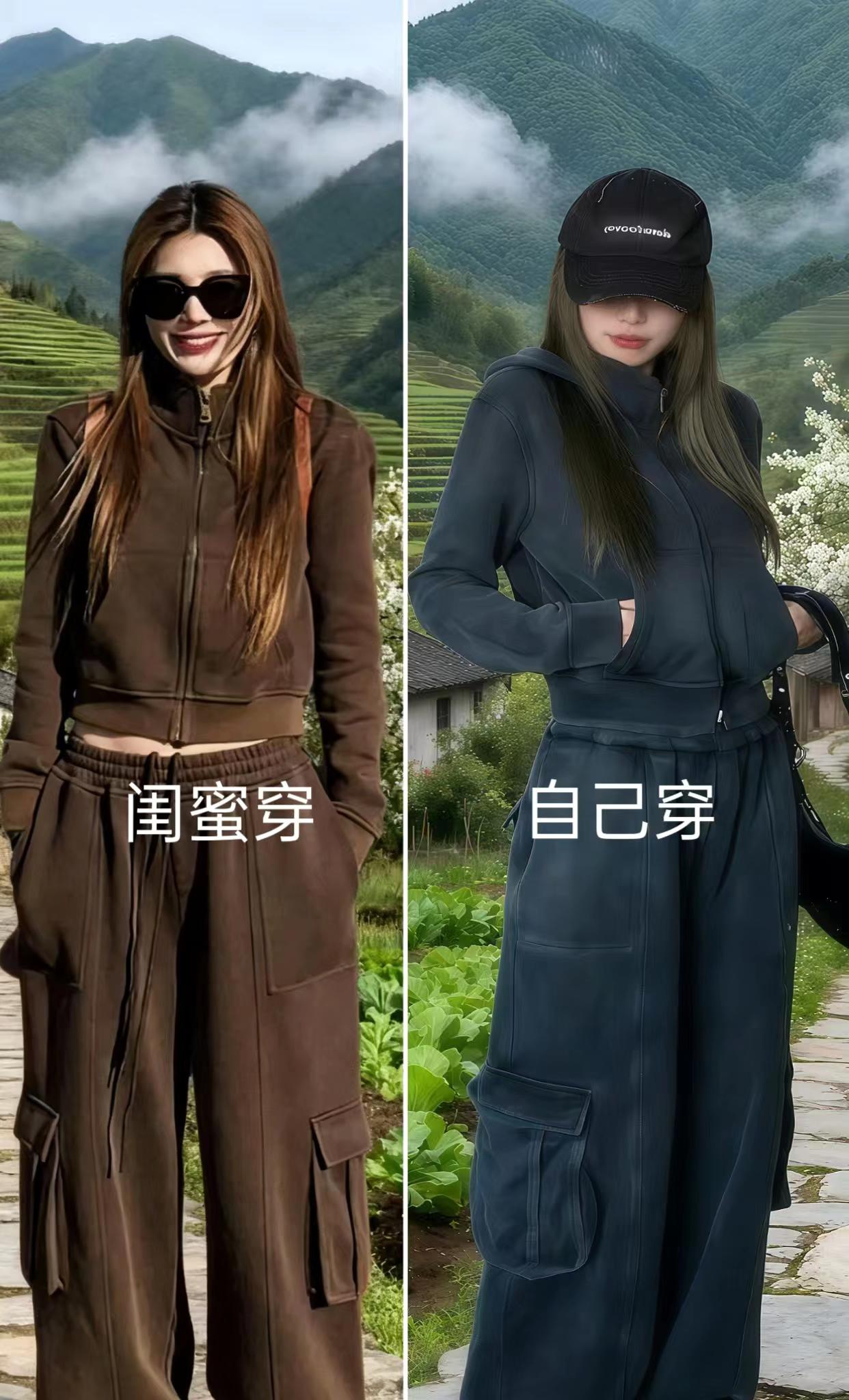 「山野冷感风」穿搭|把高级感焊在身上,这套谁穿谁绝! 谁能拒绝这套自带滤镜的暗黑系套装啊!做旧水洗质感的短款拉链卫衣,利落立领+收腰设计,瞬间勾勒好身材;搭配同系列工装阔腿裤,大口袋细节潮酷吸睛,裤型更是藏肉显高一把手~ 戴上墨镜、挎上机能风包包,在青梯田、古村落的背景里,冷感高级感直接拉满!日常通勤、出街炸场、小众旅行打卡都能打,一套解锁N种风格,时髦精们别犹豫,冲就完事儿! #冷感穿搭 #高级感套装 #山野时尚 #暗黑系穿搭 #小众旅行穿搭