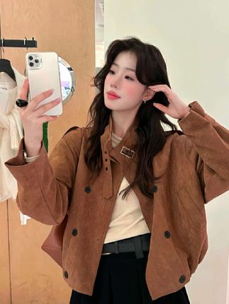 韩系立领拉链麂皮绒外套2025秋季新款休闲百搭显瘦气质夹克上衣女#气质夹克#夹克上衣女#麂皮绒外套#女士帅气外套#时尚外套