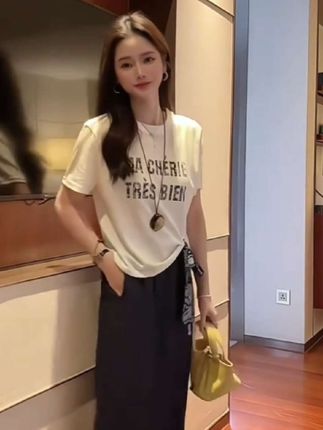 夏季新款韩系印花短袖T恤中长款两件套OOtd穿搭#品质女装 #洋气减龄 #高级感穿搭 #谁穿谁好看