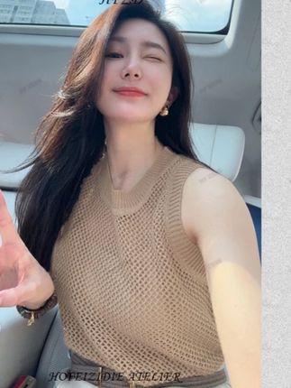 HF-ZIDIE 夏季轻奢老钱风女装镂空亮片仿手勾亚麻针织背心QW067#夏季穿搭 #今日穿搭 #辣妹背心 #甜美穿搭 #美背穿搭