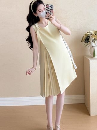 2025休闲百搭夏季甜美减龄拼接压褶无袖中长款孕妇连衣裙有内衬#夏季穿搭 #显高显瘦 #减龄气质 #显瘦遮肉 #甜美穿搭