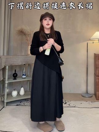 #日常通勤穿搭【琴法手则】下摆斜边拼接捏褶圆领连衣长裙长袖假两件长裙#穿搭不重样 #裙装穿搭 #梨形身材穿搭 #春秋穿搭