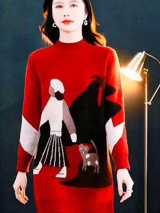 新款洋气时尚设计感卡通提花超好看中长款毛衣女秋冬宽松加厚内搭针织打底衫面料柔软舒适亲肤,穿出自己的感觉,胖瘦都能穿,美丽又大方,保暖又好看