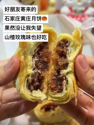 今天又打开一包山楂玫瑰味,酸酸甜甜,带着玫瑰的清香,不齁甜。 外皮酥到掉渣,内馅饱满扎实,果然没让我失望,太好吃了,我要把所有口味都尝一遍!#黄庄月饼#中秋